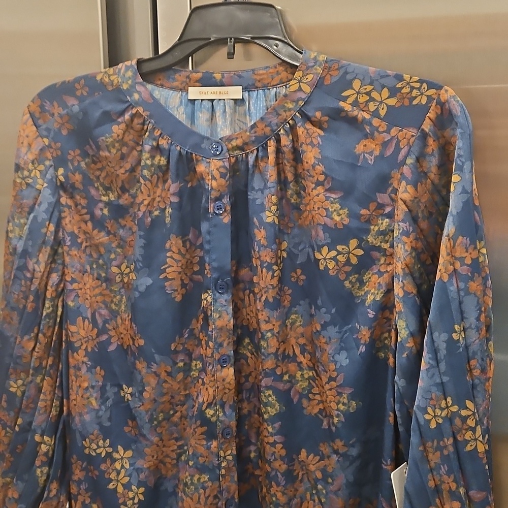 💕SKIES ARE BLUE💕Long-Sleeve Button-Down Blouse ~ Teal Mustard Print  NWT - Picture 8 of 14